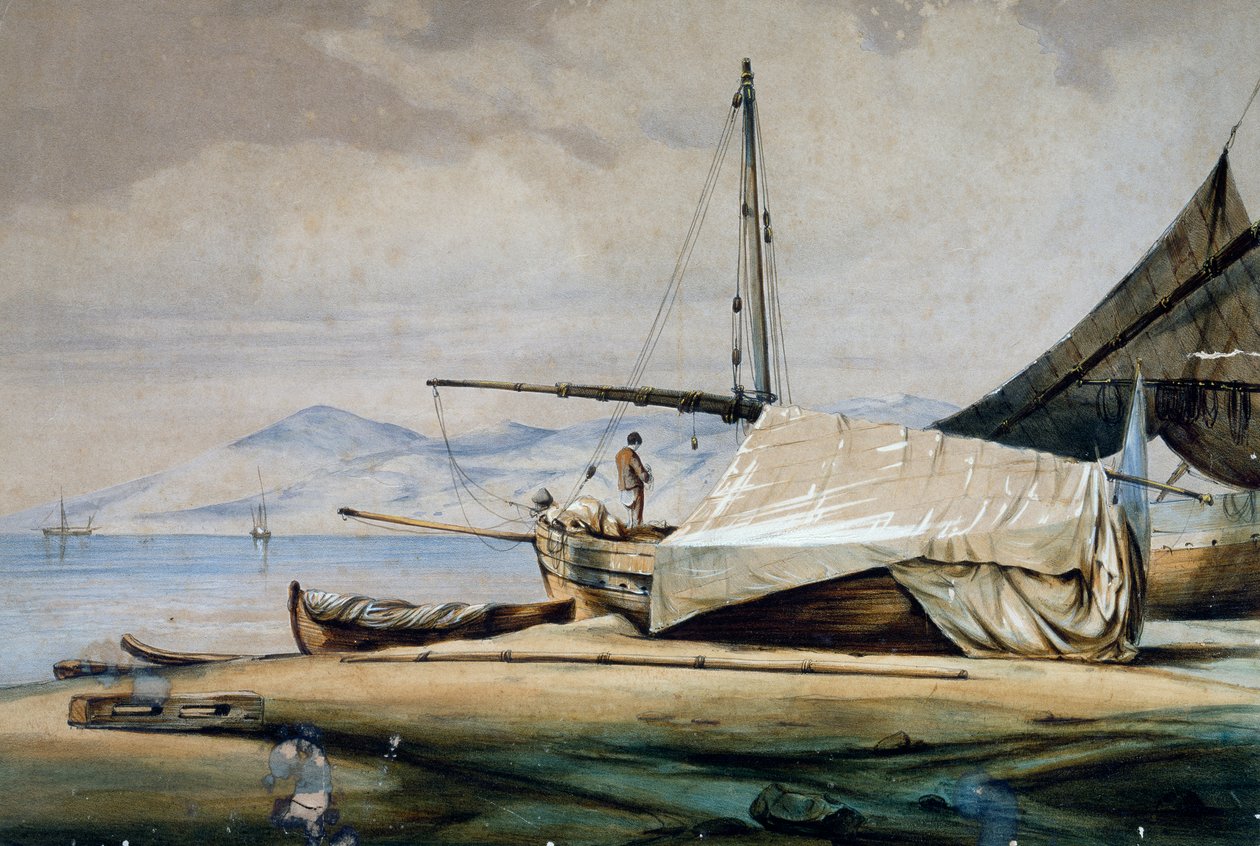 Leudi, Ligurská rybářská loď, barevná litografie Ferdinand Perrot od Ferdinand Victor Perrot