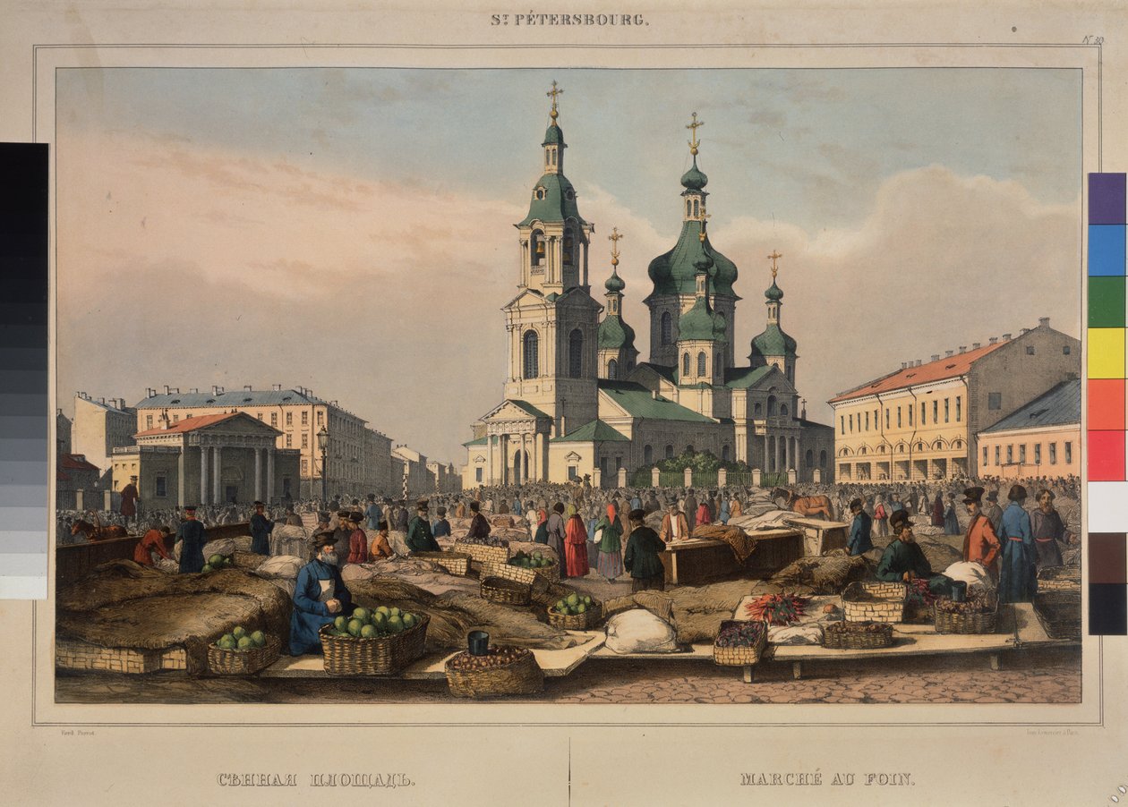 Senný trh a katedrála Nanebevzetí Matky Boží v Petrohradě. Dílo Ferdinanda Victora Perrota (1808-1841), litografie a akvarel na papíře od Ferdinand Victor Perrot
