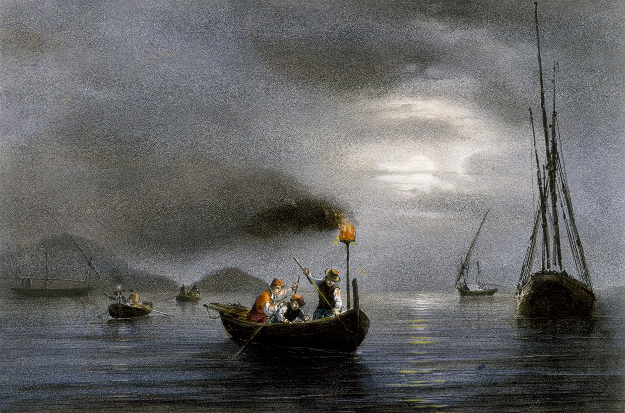 Noční rybolov u rybářské lampy, barevná litografie Ferdinanda Perrota (1808-1841) od Ferdinand Victor Perrot