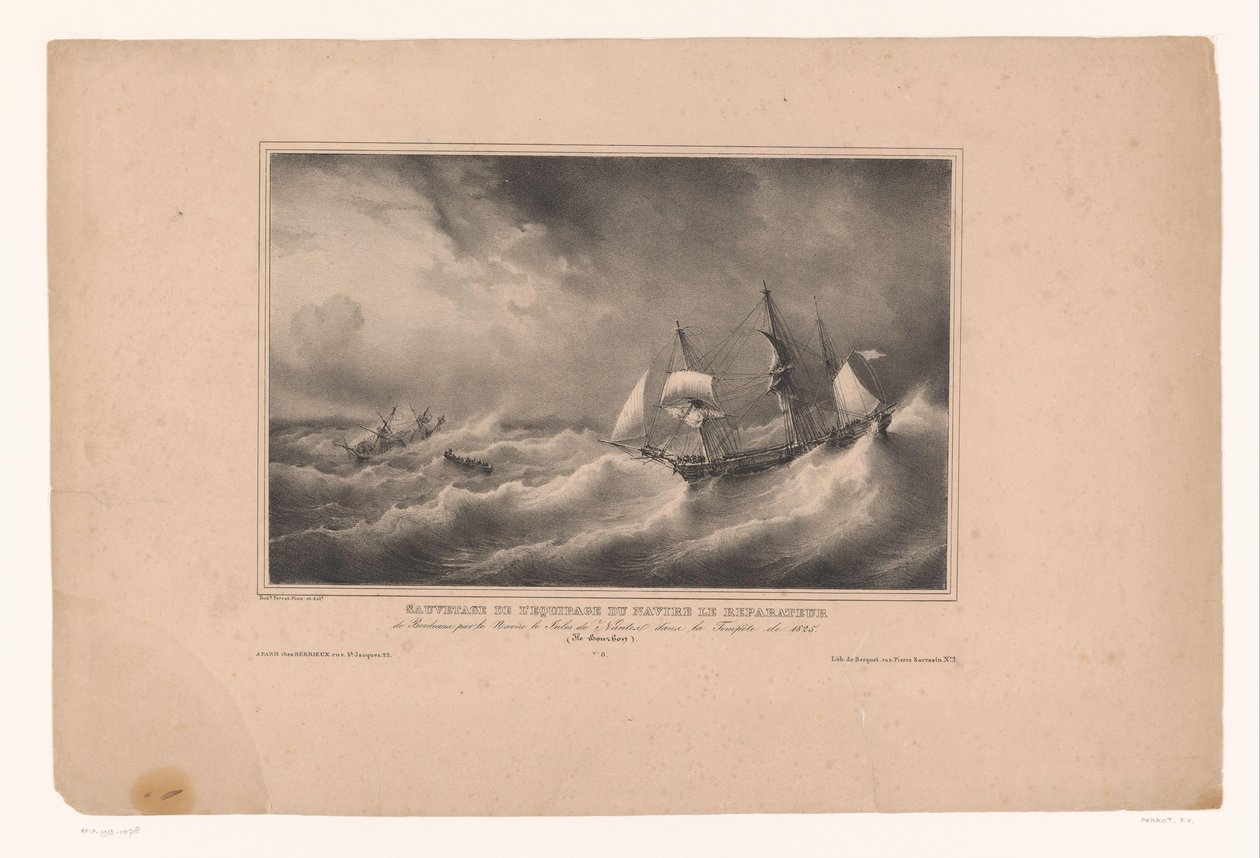 Redding van de bemanning van het schip de Reparateur Záchrana posádky lodi Le Reparateur z Bordeaux lodí Jules de Nantes v bouři roku 1825. (Ile Bourbon) (název na předmětu) Rivieren en zeeën langs od Franse kust (série tit od Ferdinand Victor Perrot