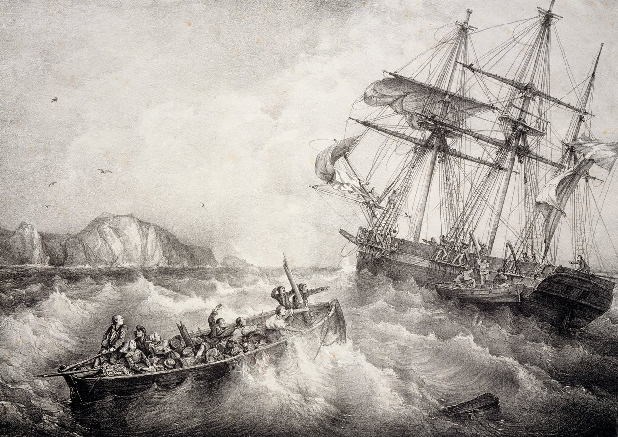 Záchrana posádky bretaňské rybářské lodi švédskou lodí Le Neptune, litografie Ferdinand Perrot od Ferdinand Victor Perrot