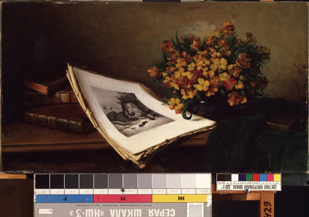 Zátiší s litografií. Obraz Ferdinanda Wagnera (1819-1881). Olej na plátně, 48 x 86,5 cm. Německé umění 19. století. Státní muzeum umění M. K. Ciurlionise, Kaunas (Litva). od Ferdinand Wagner