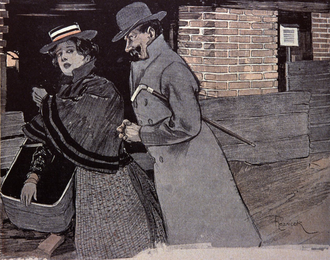 Muž obtěžuje mladou ženu. Ilustrace F. Von Řezníček v: Simplicissimus, Německo od Ferdinand von Reznicek