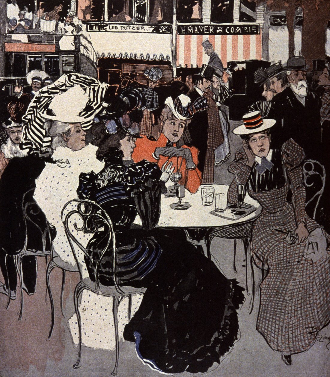 Žena mluví u stolu mimo kavárnu. Ilustrace von Reznicek v: Simplicissimus, Německo od Ferdinand von Reznicek