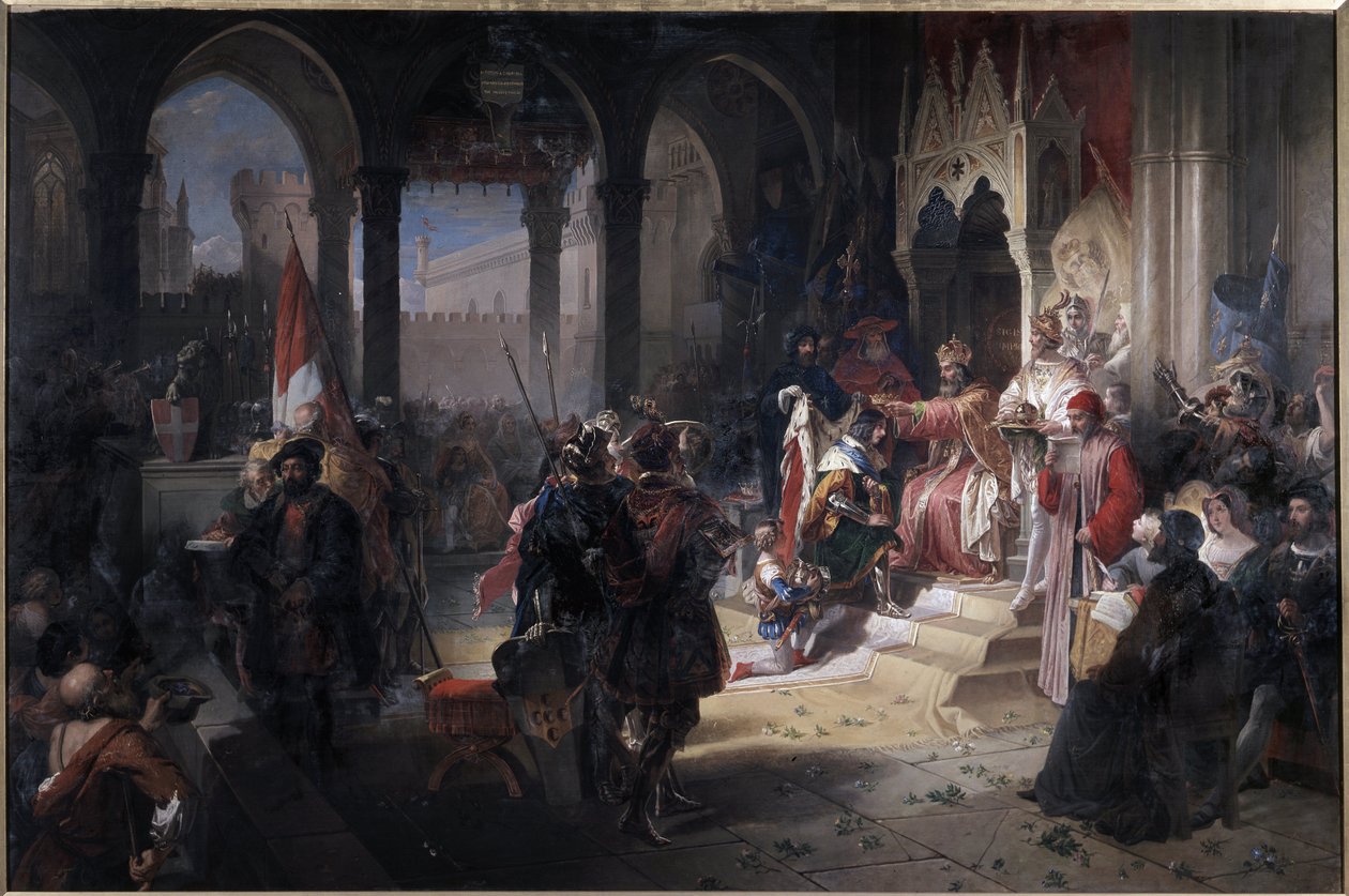 Amedee VIII v Tichomoří (Amedeo VIII il pacifico) (1383-1451) byl korunním vévodou savojským císařem Zikmundem I. Svaté říše dne 19.2.1416 při jeho návštěvě Chambery Obraz Ferdinanda Cavalleriho (1794-1865) Zámek ( Castello) di Aglie, Itálie. od Ferdinando Cavalleri