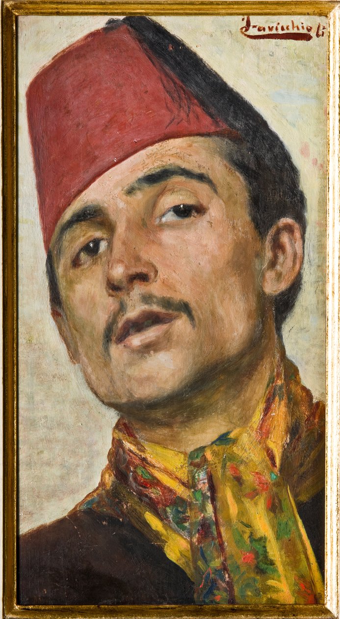 Muž na sobě fez (olej na palubě) od Ferdinando Cavicchioli