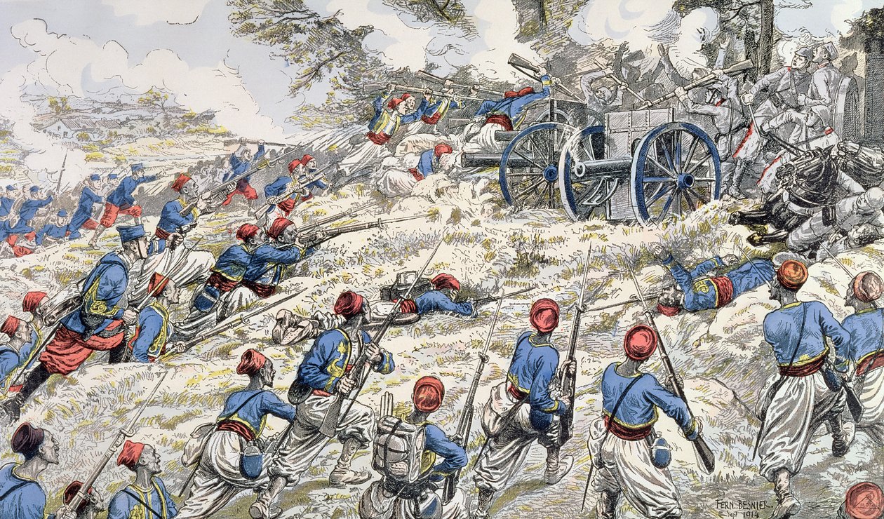 Alžírští puškaři francouzské armády útočící na německá děla během bitvy na Marně v roce 1918 od Fernand Auguste Besnier