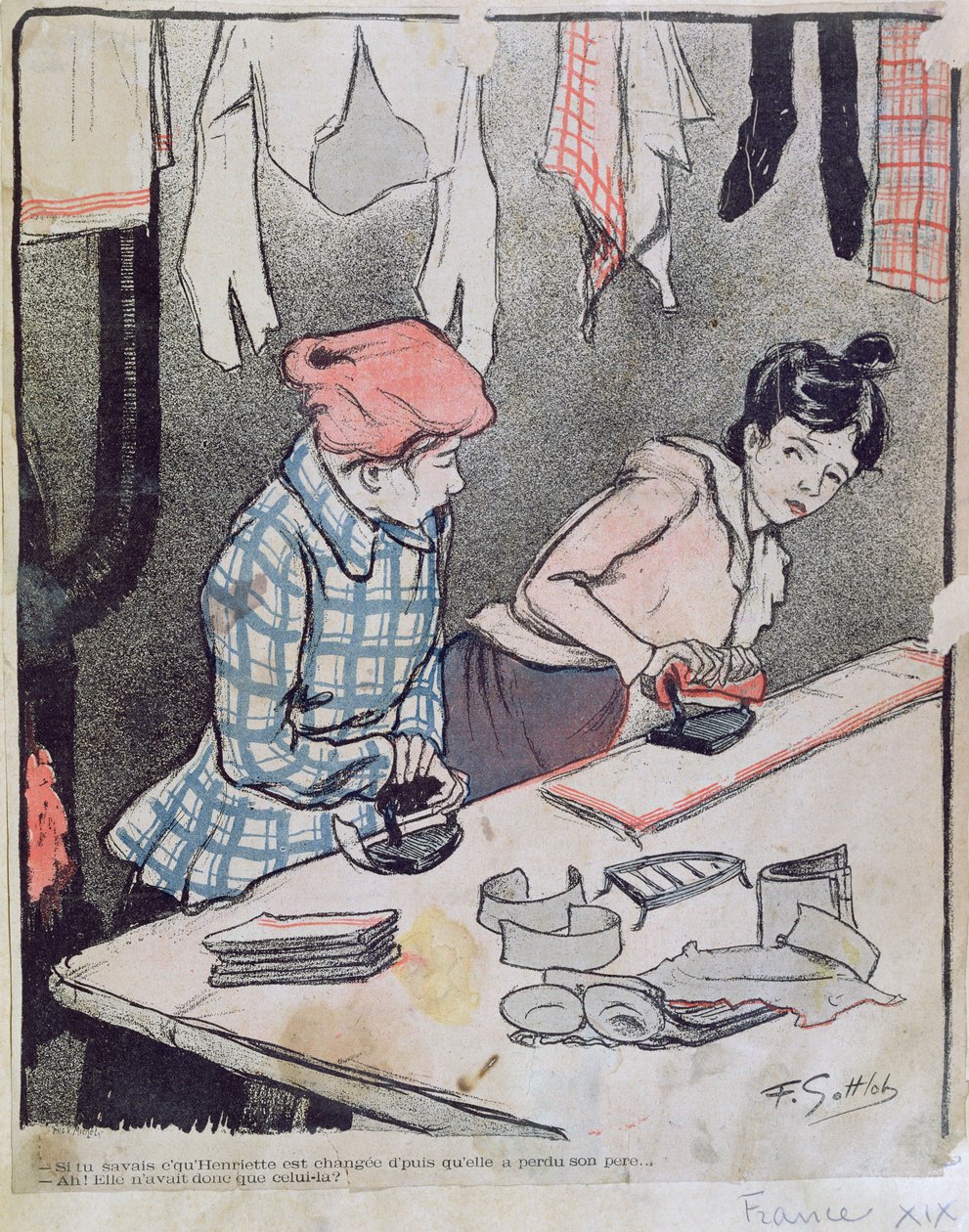 Karikatura zobrazující dvě klevetící pradleny, konec 19. století od Fernand Louis Gottlob
