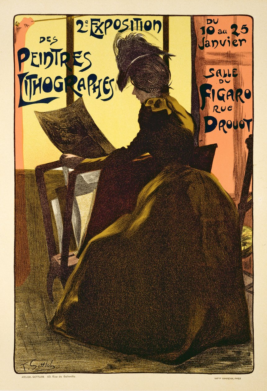 Reprodukce plakátu propagujícího "Druhou výstavu malířů litografie", Salle du Figaro, Paříž, 1899. od Fernand Louis Gottlob