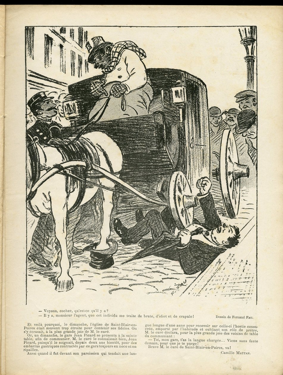 Ilustrace Fernanda Fau (1858-1919) v Le Rire, 29/02/08 - Metiers, Transport, Disaster Accidents, Caleche Fiacre Cab - Cochers Fiacres od Fernand Fau