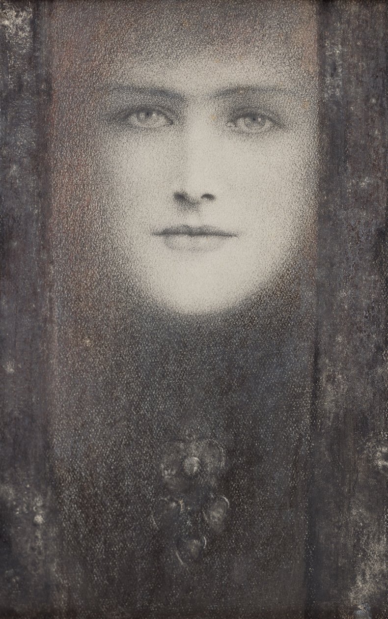 Maska s černou oponou, kolem roku 1909 (barevné křídy zvýrazněné bílou na papíře) od Fernand Khnopff
