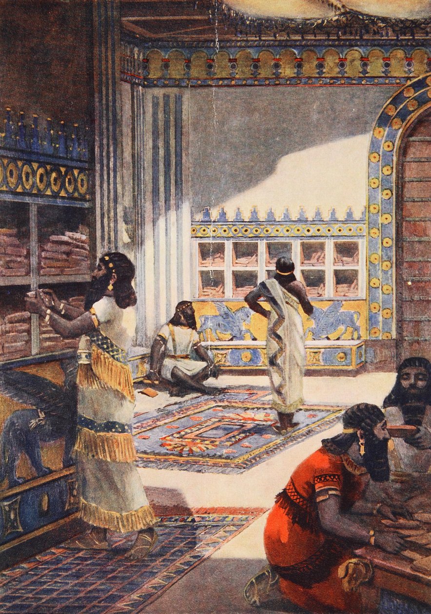 Slavná knihovna krále Ashur-Bani-Pal, v Ninive, ilustrace z 