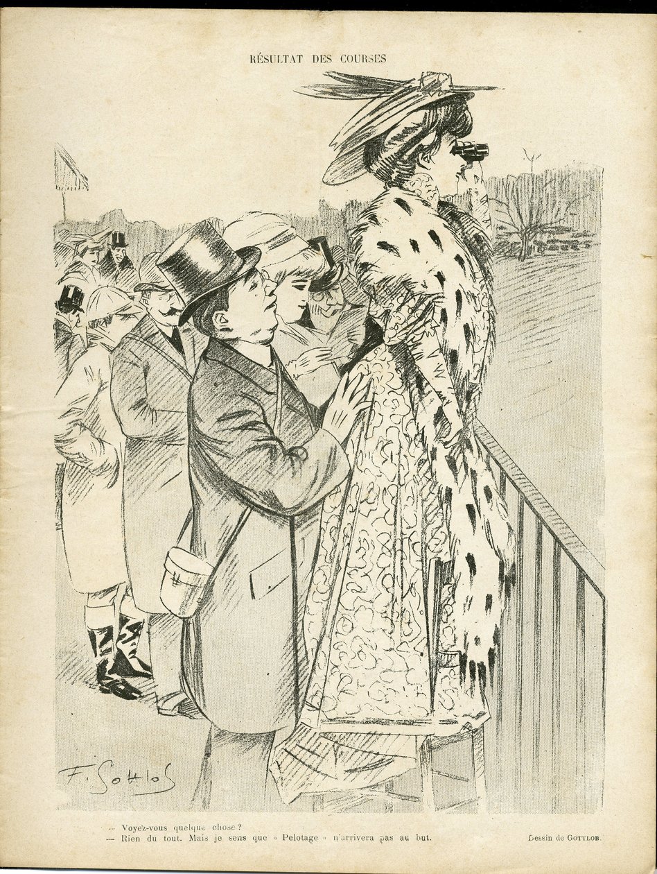 Ilustrace Gottloba (1873-1935) v Le Lire, 21.12.07 - Výsledky závodů - Láska, Móda, Život bohatých, Hippismus - Ženy od Fernand Louis Gottlob