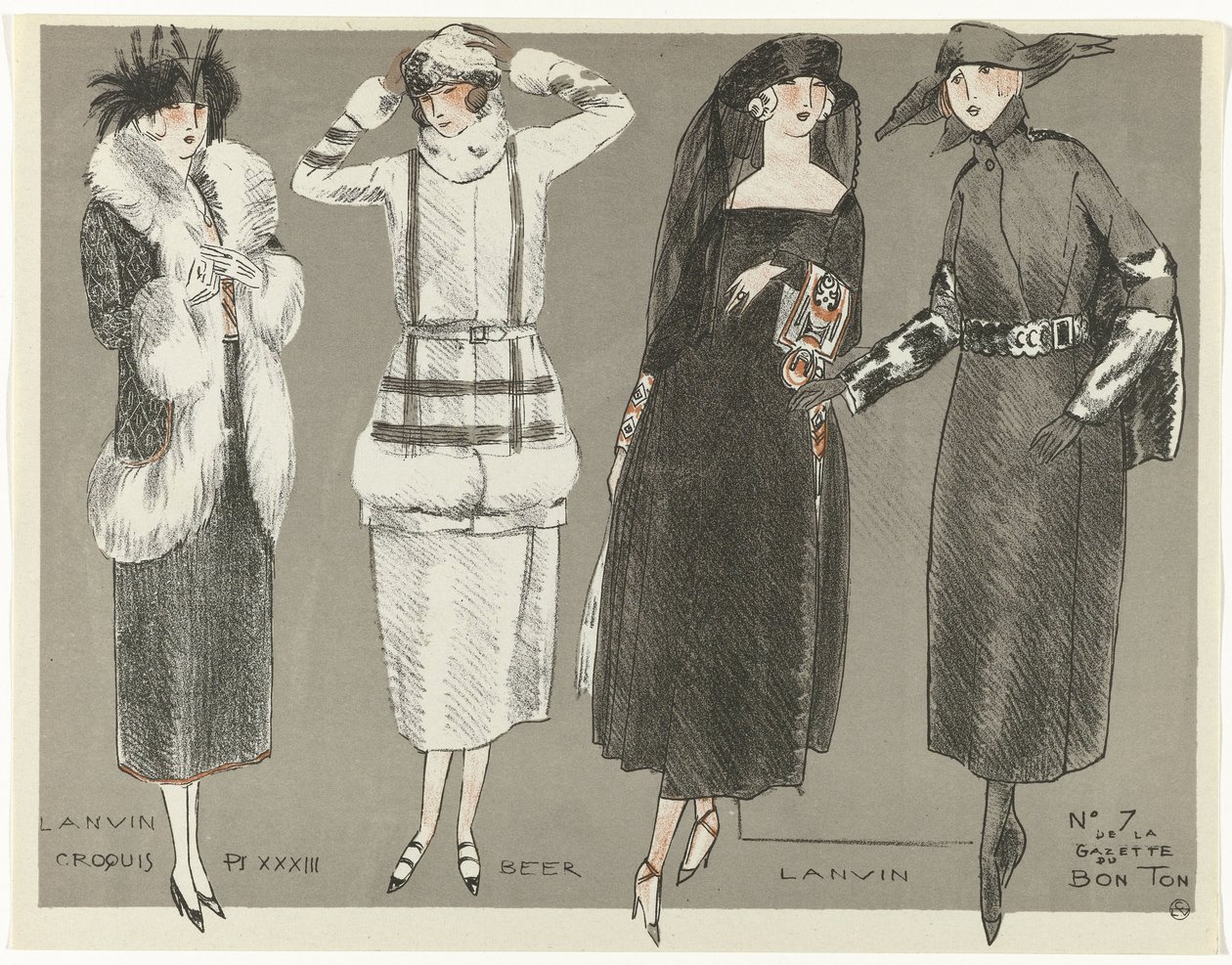 Gazette du Bon Ton, 1920 - č. 7, Croquis Pl XXXIII: Lanvin / Beer / Lanvin (název na předmětu) od Fernand Siméon