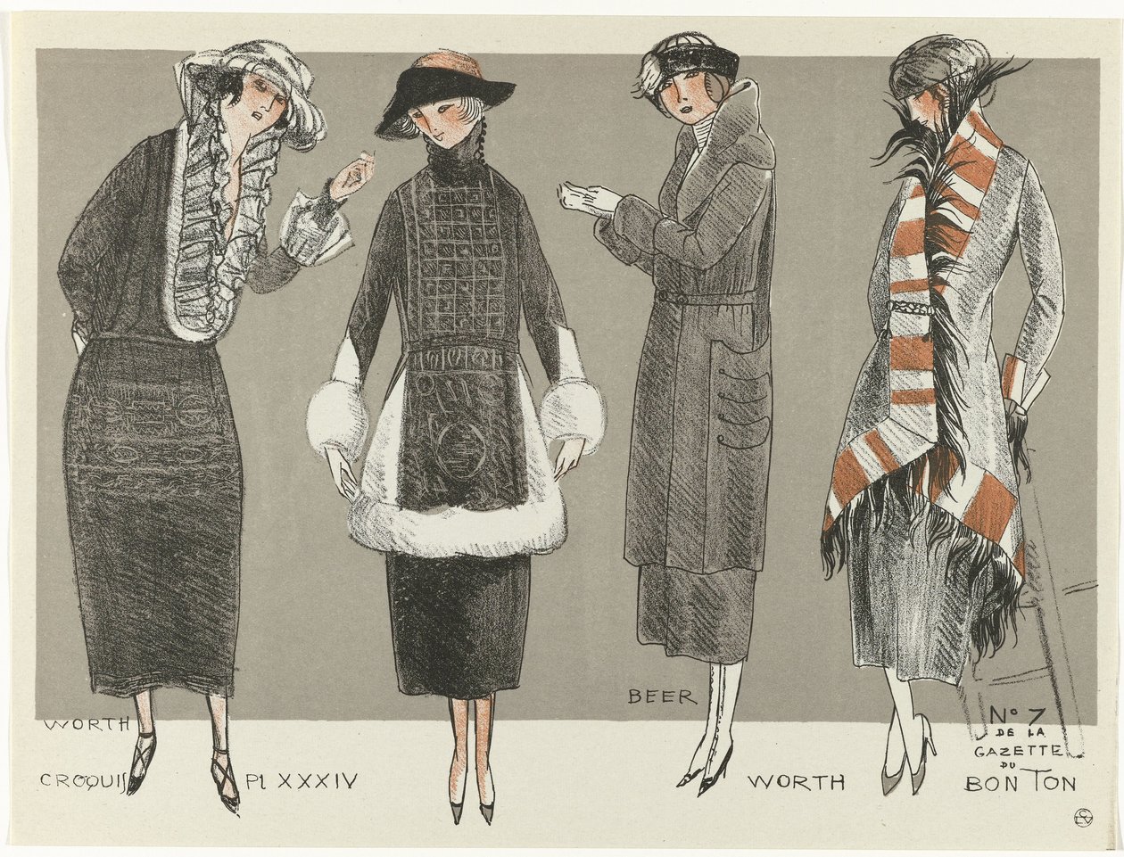 Gazette du Bon Ton, 1920 - č. 7, Croquis Pl XXXIV: Worth / Beer / Worth (název na předmětu) od Fernand Siméon