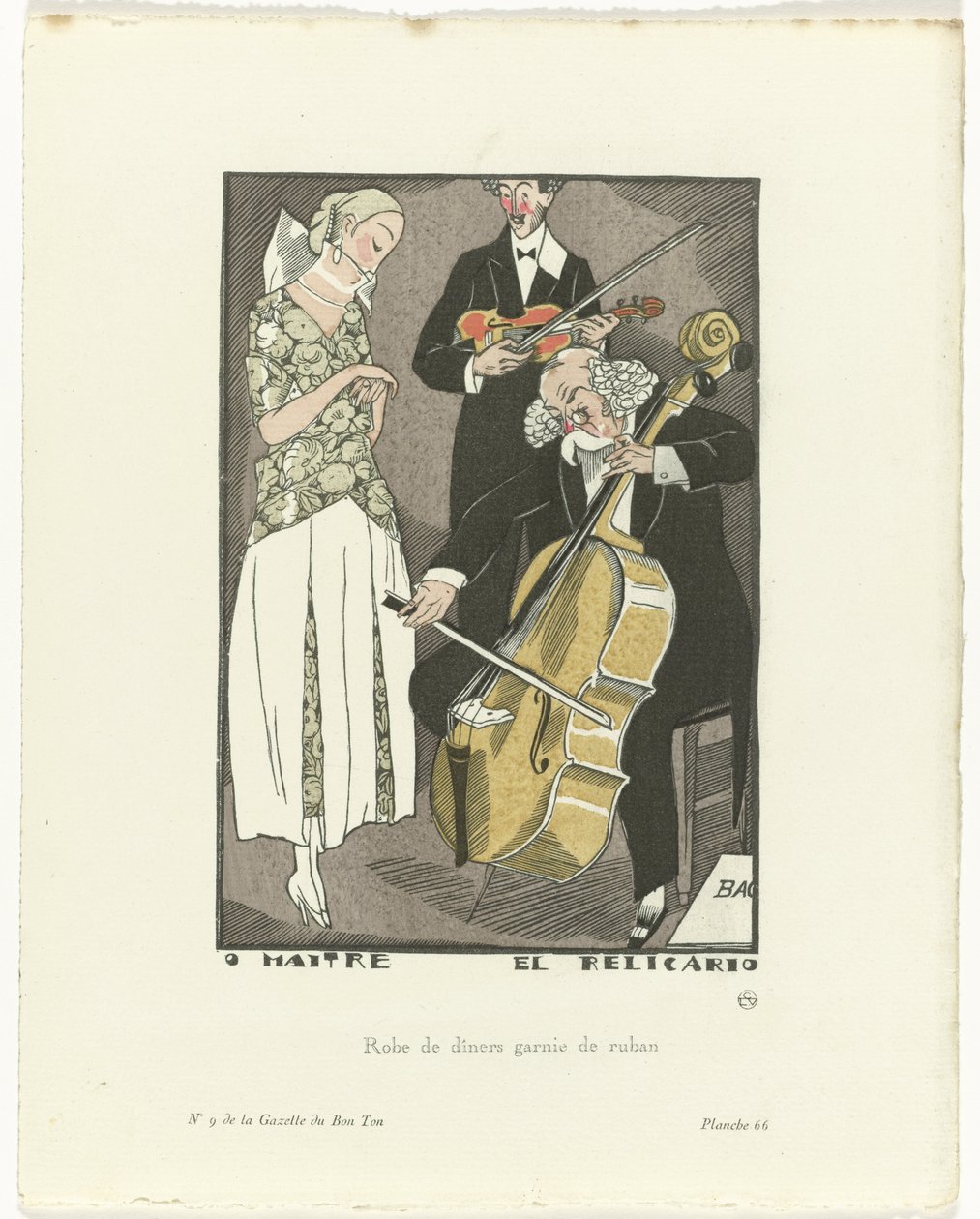 Gazette du Bon Ton, 1920 - č. 9, Pl. 66: O Maitre el Relicario / Večerní šaty zdobené stuhou (název na předmětu) od Fernand Siméon