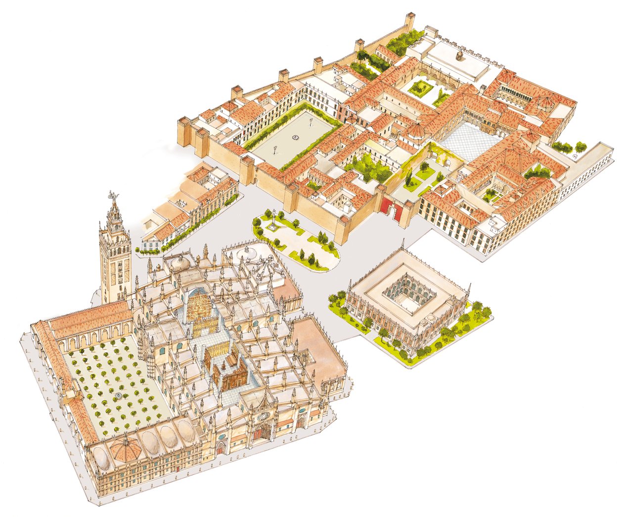 Katedrála, Reales Alcazares, Archivo de Indias. Sevilla, Španělsko od Fernando Aznar Cenamor