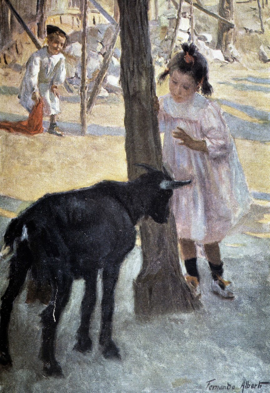 Dívka a koza - malba od Fernando Alberto