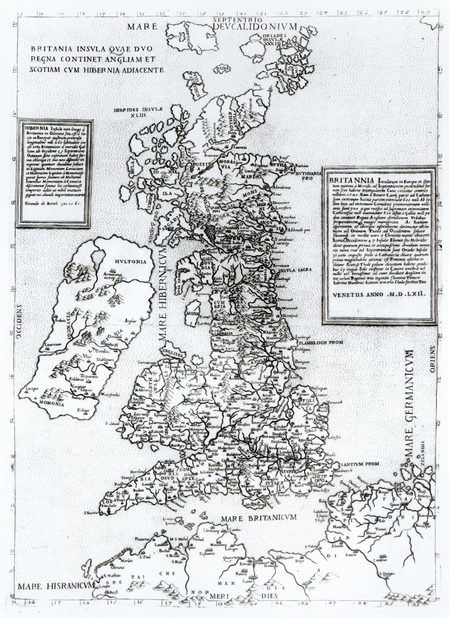 Britský ostrov, který obsahuje království Anglie a Skotska sousedící s Irskem, vyryl Paulo Forlani, 1562 (mědirytina) od Fernando Bertelli