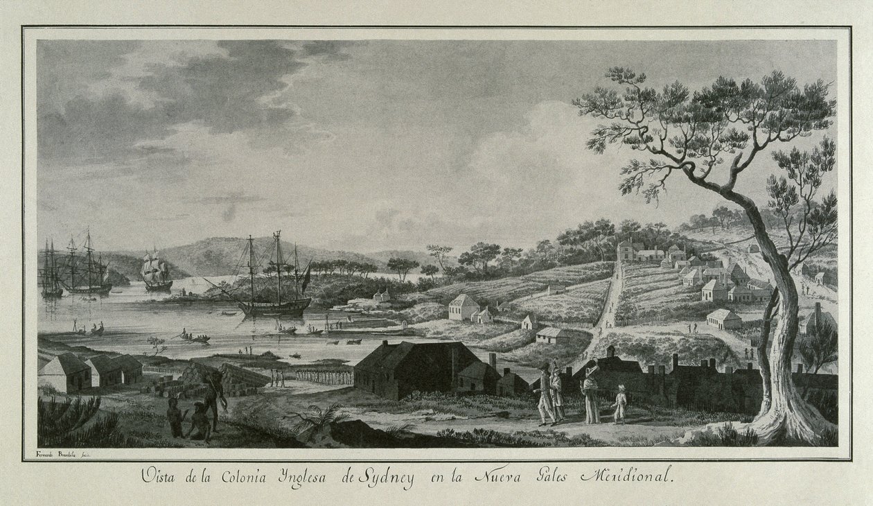 MALASPINA, Alejandro (1754-1809). Italsko-španělský mořeplavec a objevitel; BRAMBILA, Fernando (1763-1834). Malíř. Austrálie (18. stol.). Anglická kolonie Nový Jižní Wales. Kresba Fernanda Brambily ilustrující vědeckou expedici Alejandra Mala. od Fernando Brambila