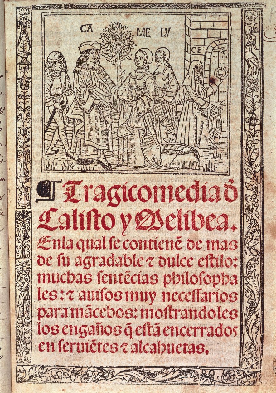 Miniatura na pergamenu na obálce Celestiny aneb Tragikomedie Callisto a Melibei, vydané v r. od Fernando de Rojas