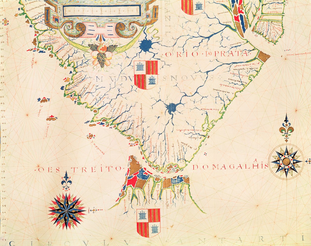 Fol.13 Mapa Jižní Ameriky a Magellanův průliv, z atlasu, 1571 od Fernao Vaz Dourado