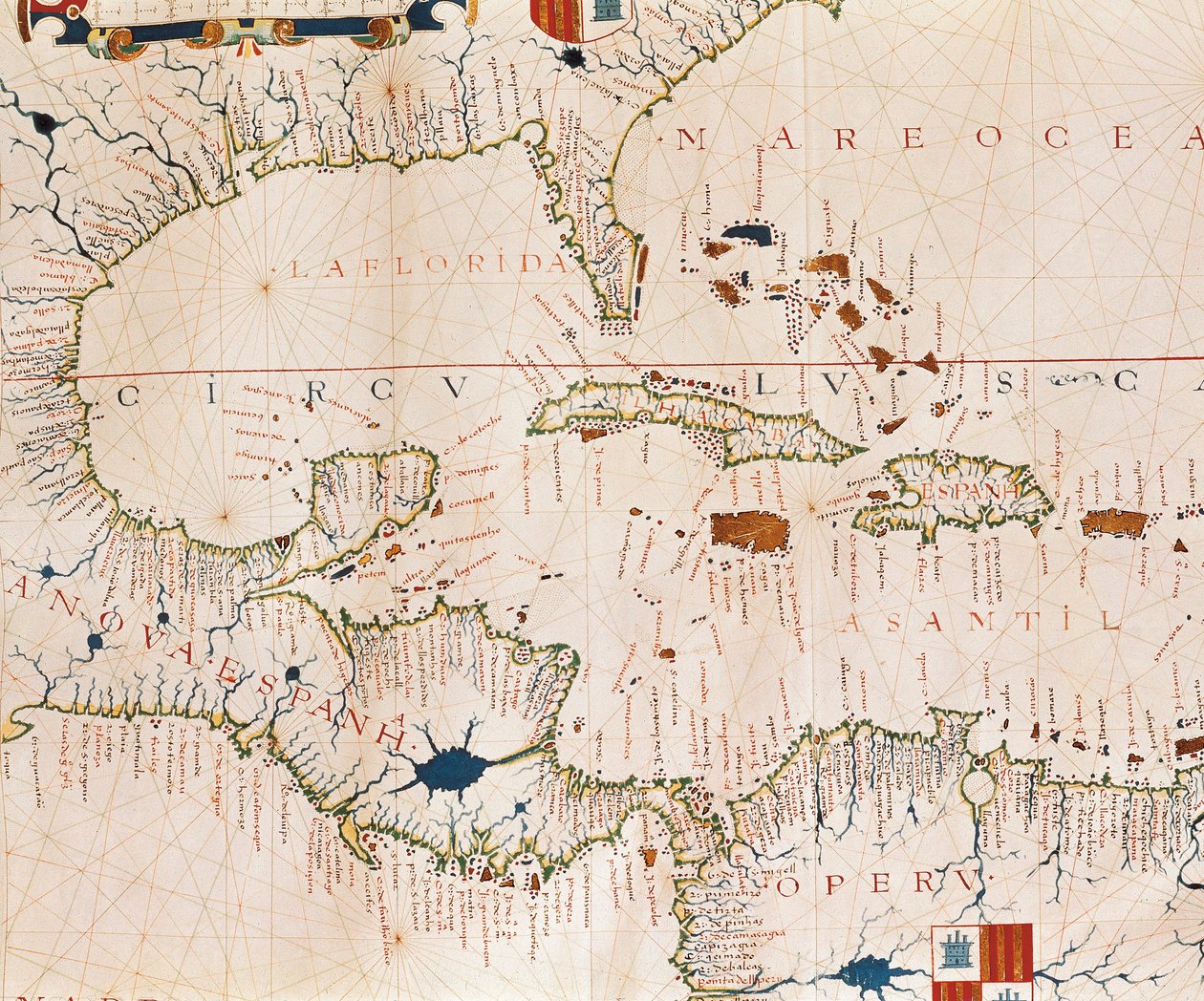 Portulan: Zeměpisná mapa s názvem pobřeží Kuby, Floridy, Střední Ameriky a Severní Latinské Ameriky, Hydrografický atlas Fernao VAZ DOURADO (16. století) od Fernao Vaz Dourado