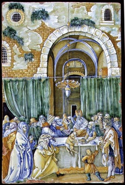 C.91-1961 Panel zobrazující Odmítnutí Joachimovy oběti, pravděpodobně od Ferruccia Mengaroniho (1875-1930) podle Albrechta Durera (1471-1528) kolem 1900-25, Ital, z Pesara (cínově glazované kameniny) od Ferruccio Mengaroni