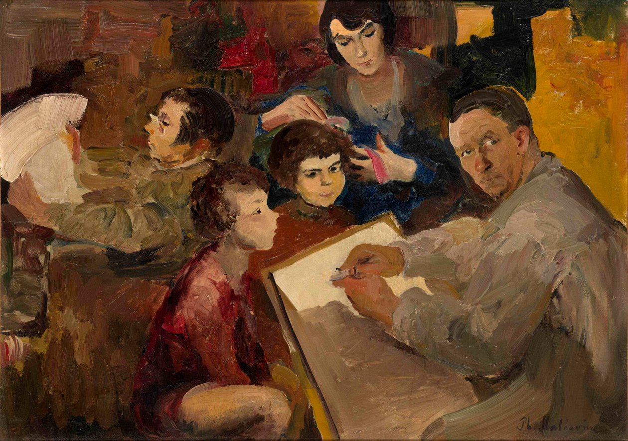 Autoportrét s rodinou - Malba Filippa Andrejeviče Maliavina (Maliavine) (nebo Andrejeviče Maljavina) (1869-1940), olej na plátně (46,5x64,5 cm), ruské umění, konec 19.-začátek 20. století - soukromá sbírka od Filipp Andreevich Maliavin