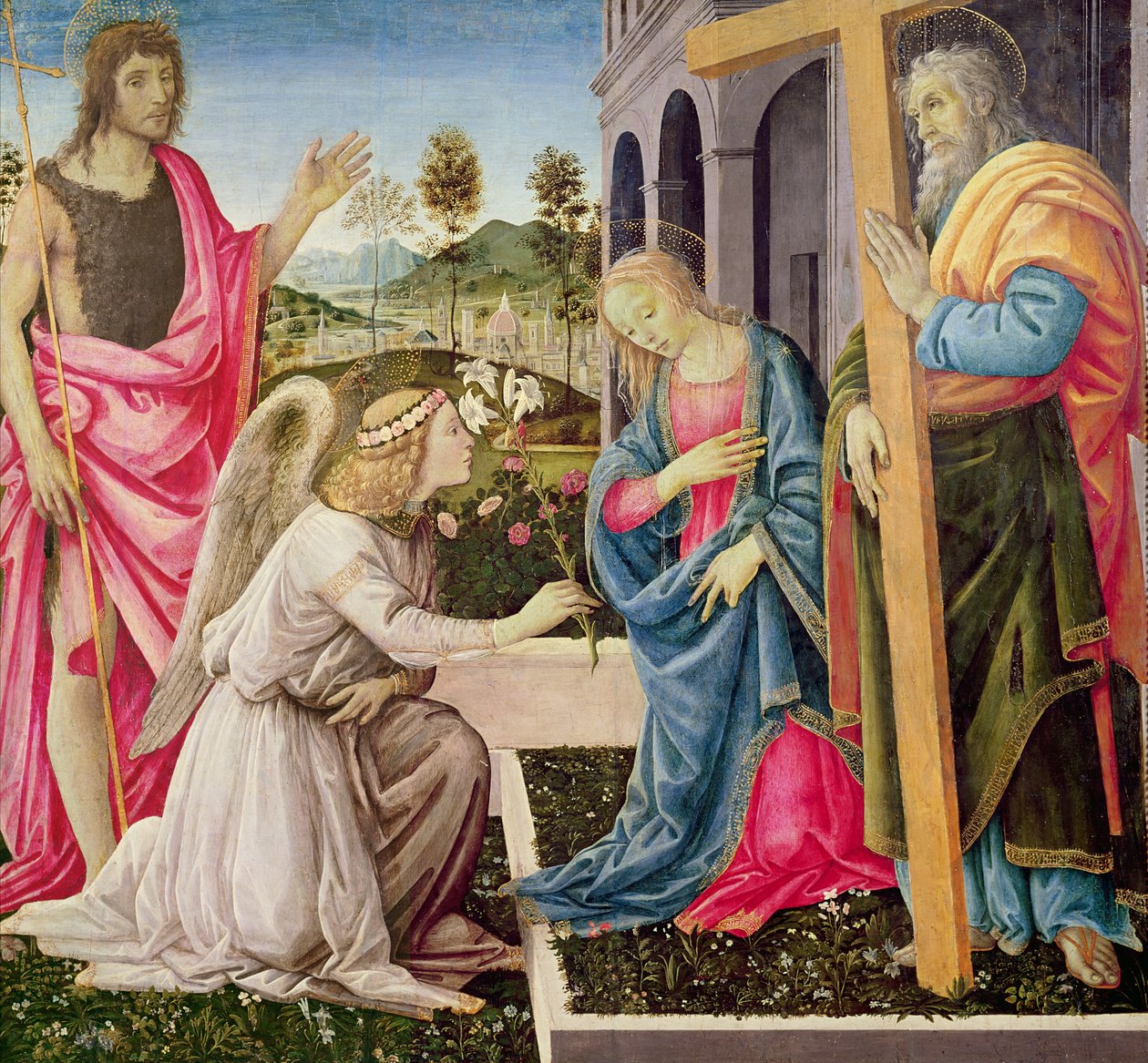 Zvěstování se sv. Josefem a sv. Janem Křtitelem, kolem roku 1485 (tempera na panelu) od Filippino Lippi