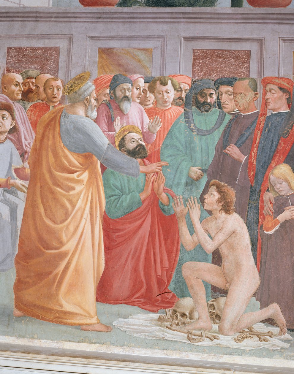 Detail vzkříšení syna Theophila a fresky na trůnu svatého Petra od Filippino Lippi