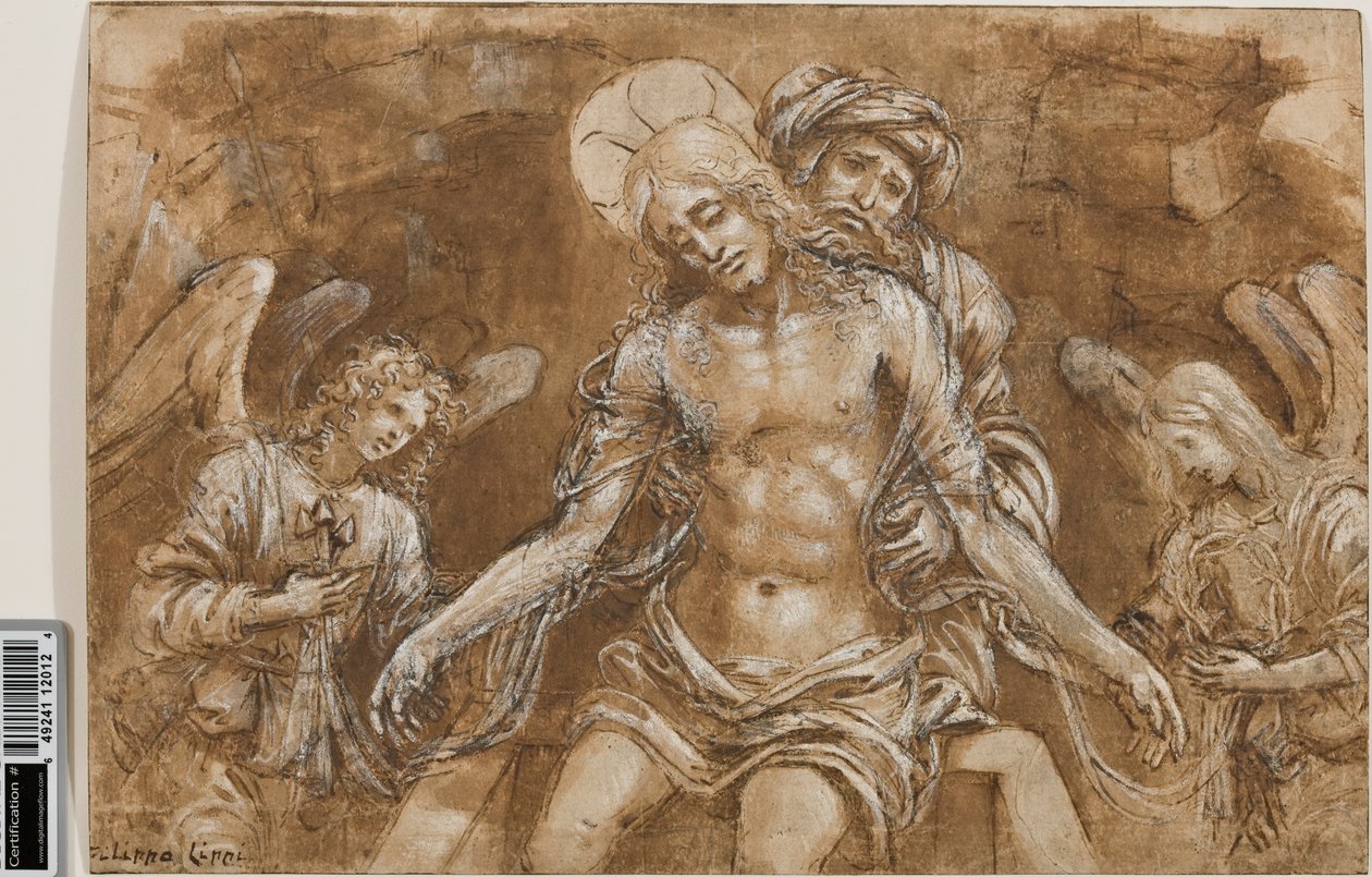 Oplakávání Krista u hrobu, cca 1500 (pero a inkoust přes lavír a křída na papíře zvýrazněné bílou) od Filippino Lippi