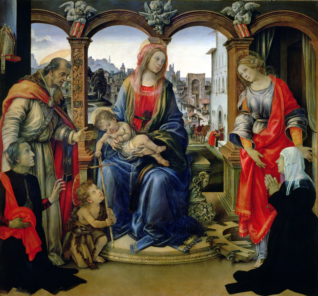 Oltářní obraz Nerli: Madona s dítětem s mladým sv. Janem Křtitelem, sv. Martinem, svatou Kateřinou a dárci Tanai a Nannou dei Nerli, 1494 od Filippino Lippi