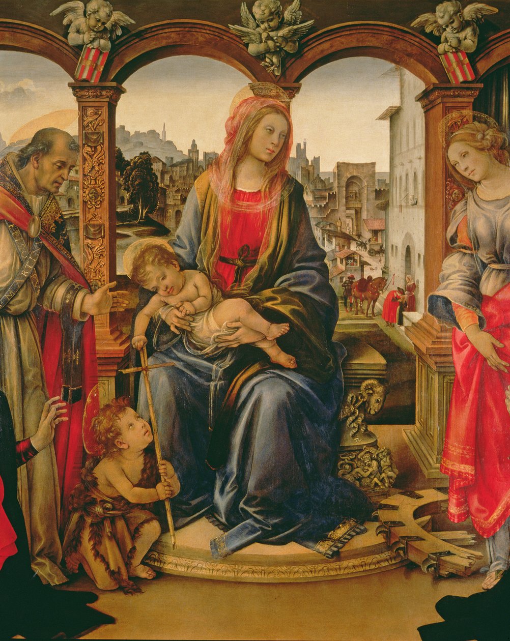 Nerli oltářní obraz: Madona s dítětem s mladým svatým Janem Křtitelem, svatým Martinem, svatou Kateřinou a dárci Tanai a Nanna dei Nerli, 1494 detail 58333 od Filippino Lippi