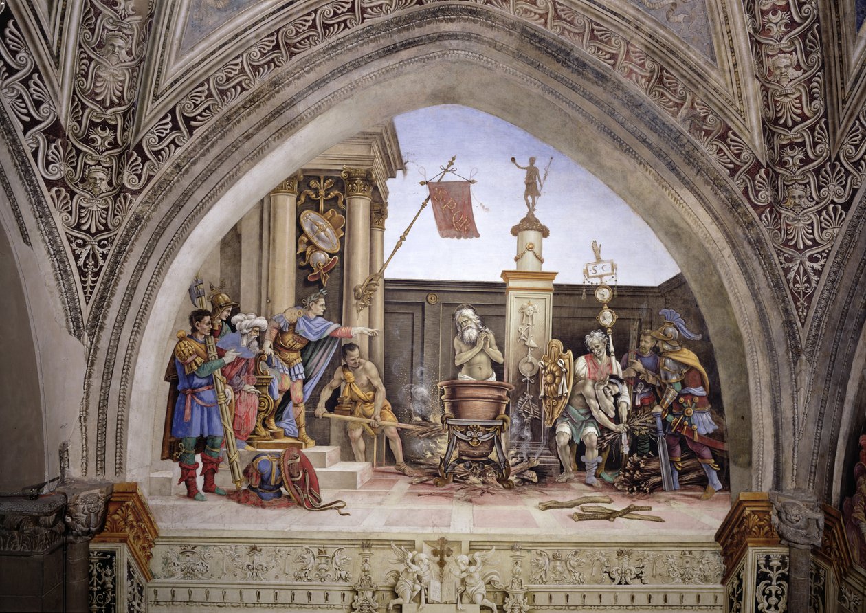 Severní stěna kaple Strozzi, Umučení sv. Jana Evangelisty, cca 1457-1502 od Filippino Lippi
