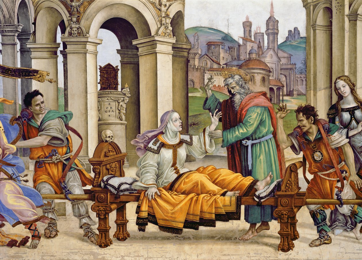 Severní stěna kaple Strozzi, Povýšení Drusiany od sv. Jana Evangelisty, c.1457-1502 detail fresky z roku 208293 od Filippino Lippi