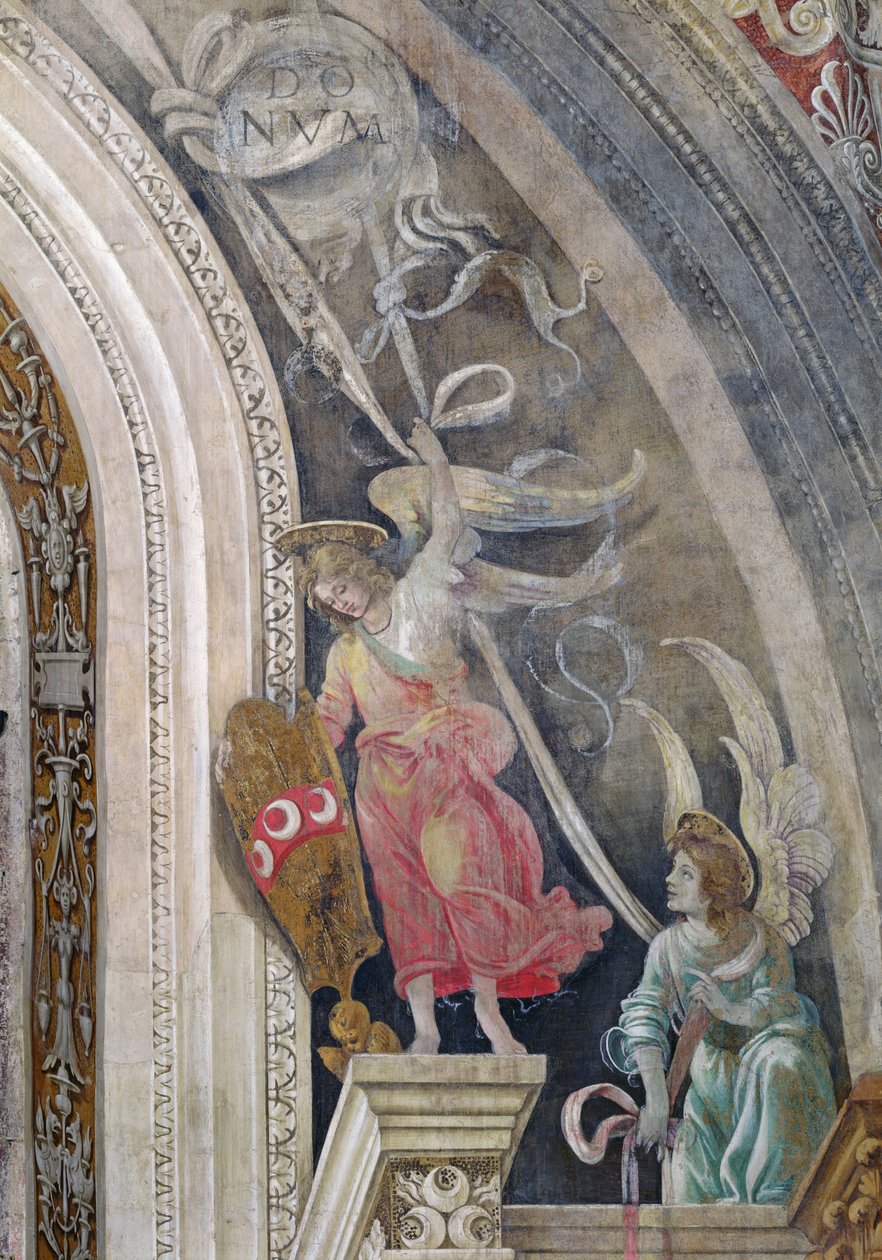 Dva andělé, detail z pravé strany východní stěny v kapli Strozzi, kolem 1457-1502 od Filippino Lippi