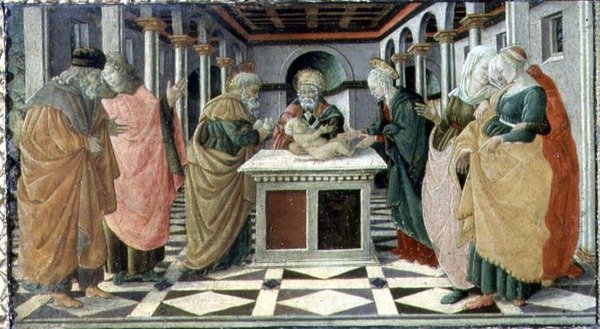 Prezentace v chrámu, panel předella k oltáři Narození Páně v Museo Civico od Filippino (and workshop) Lippi