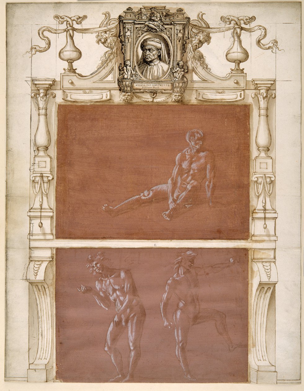 Nahý sedící muž a dva mužské akty (metalpoint zvýrazněný bílou barvou těla na fialovém připraveném papíře) od Filippino Lippi