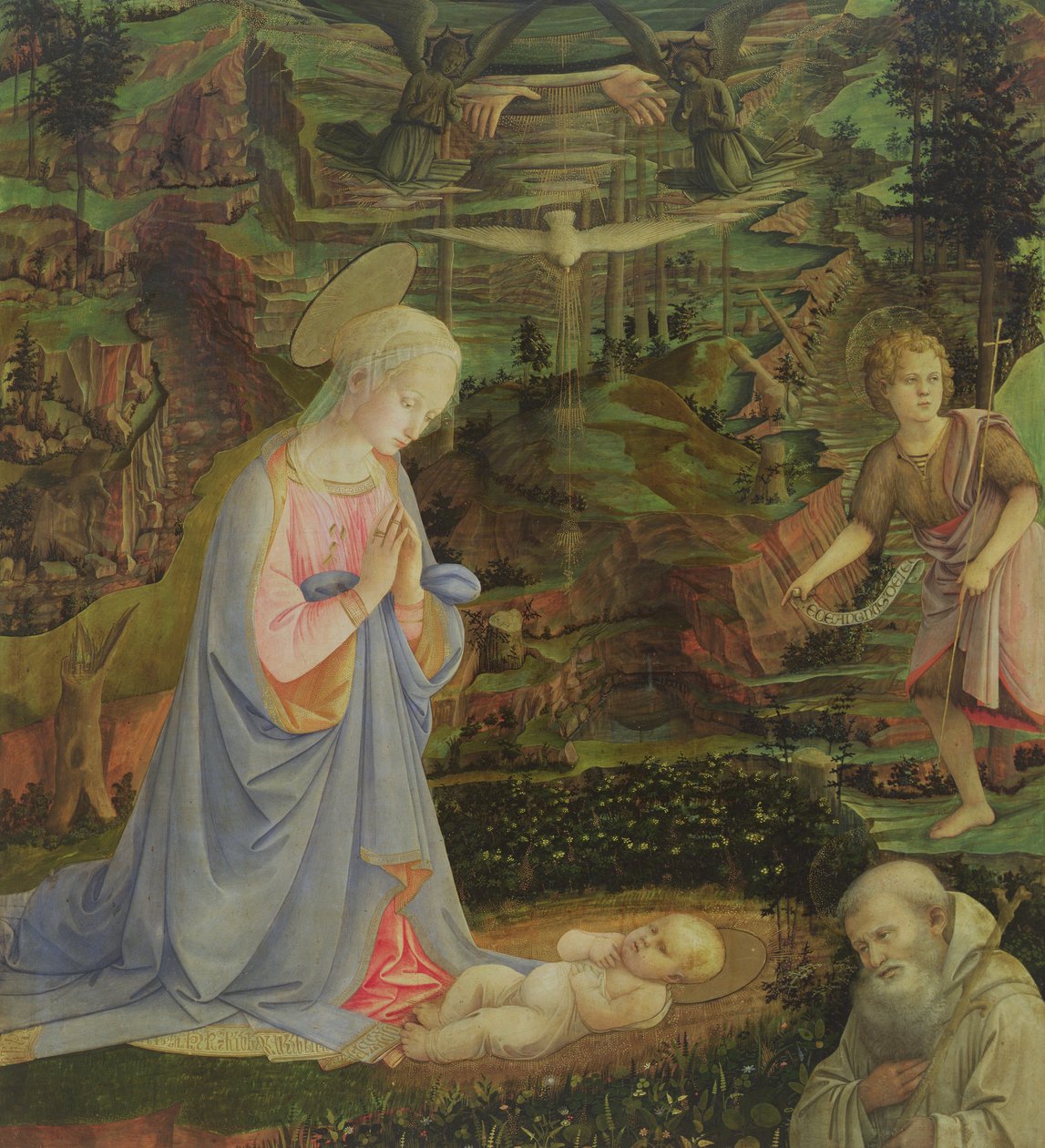 Klanění dítěte s nemluvnětem svatým Janem a svatým Romualdem (tempera na panelu) od Filippino Lippi