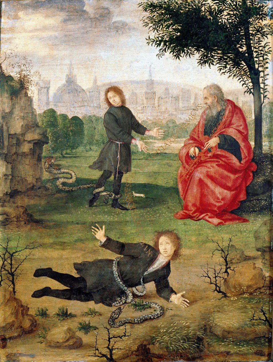 Alegorie rodu Medicis s nápisem uprostřed „“Žádná rána není horší než nepřítel v rodině““ Obraz od Filipínce Lippiho (1457-1504) 1494-1495 cca. Slunce. 30x23 cm Florence Galleria degli Uffizi (Kanceláře) - Alegorie rodu Medici od Filippino Lippi