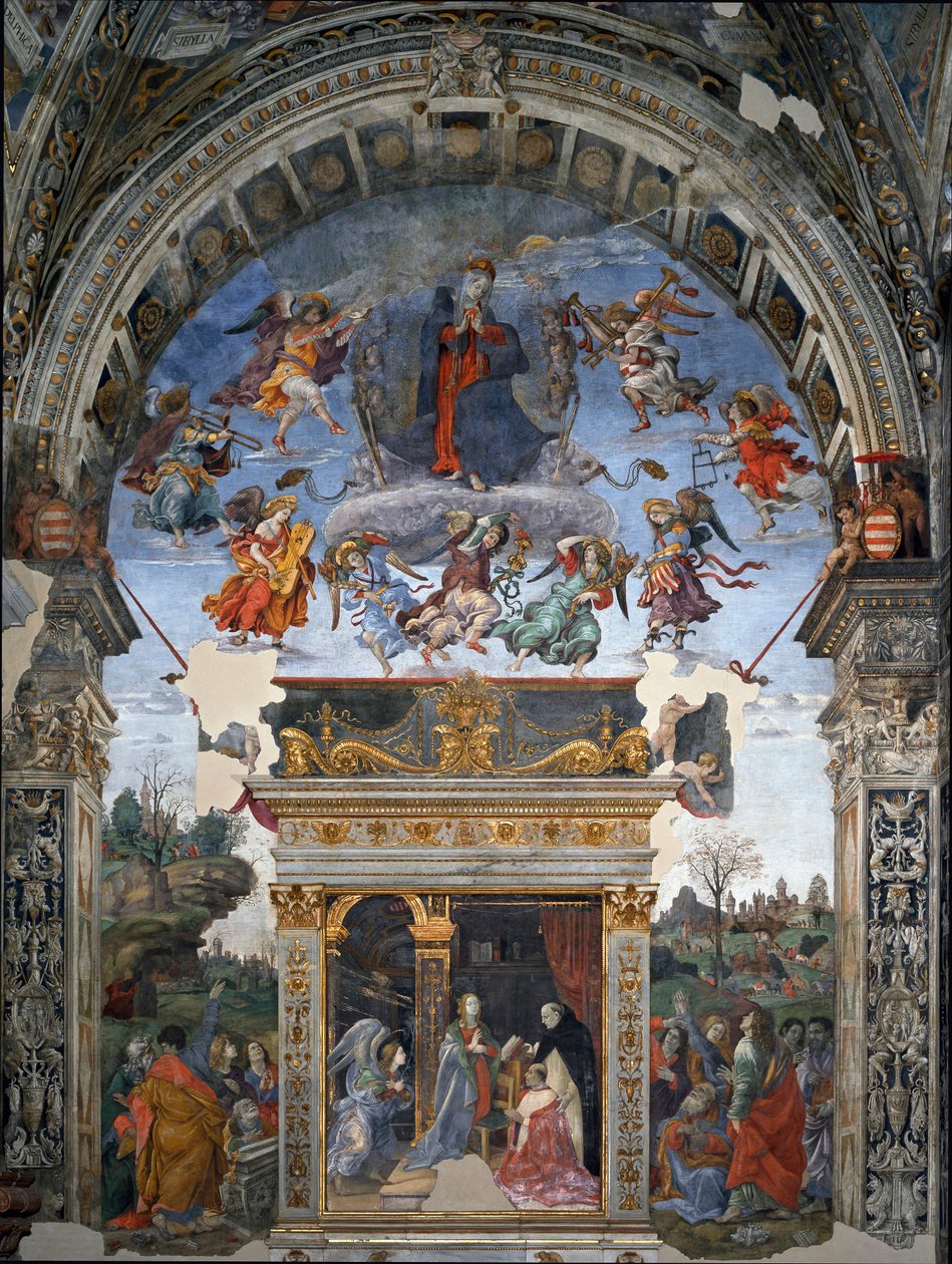 Nanebevzetí Panny Marie a pod sv. Tomášem Akvinským, který daruje Marii kardinál Oliviero Carafa Fresku od Filipínce Lippiho (1457-1504) 1488-1492 Řím, kostel Santa Maria sopra Minerva, kaple Carafa Itálie od Filippino Lippi