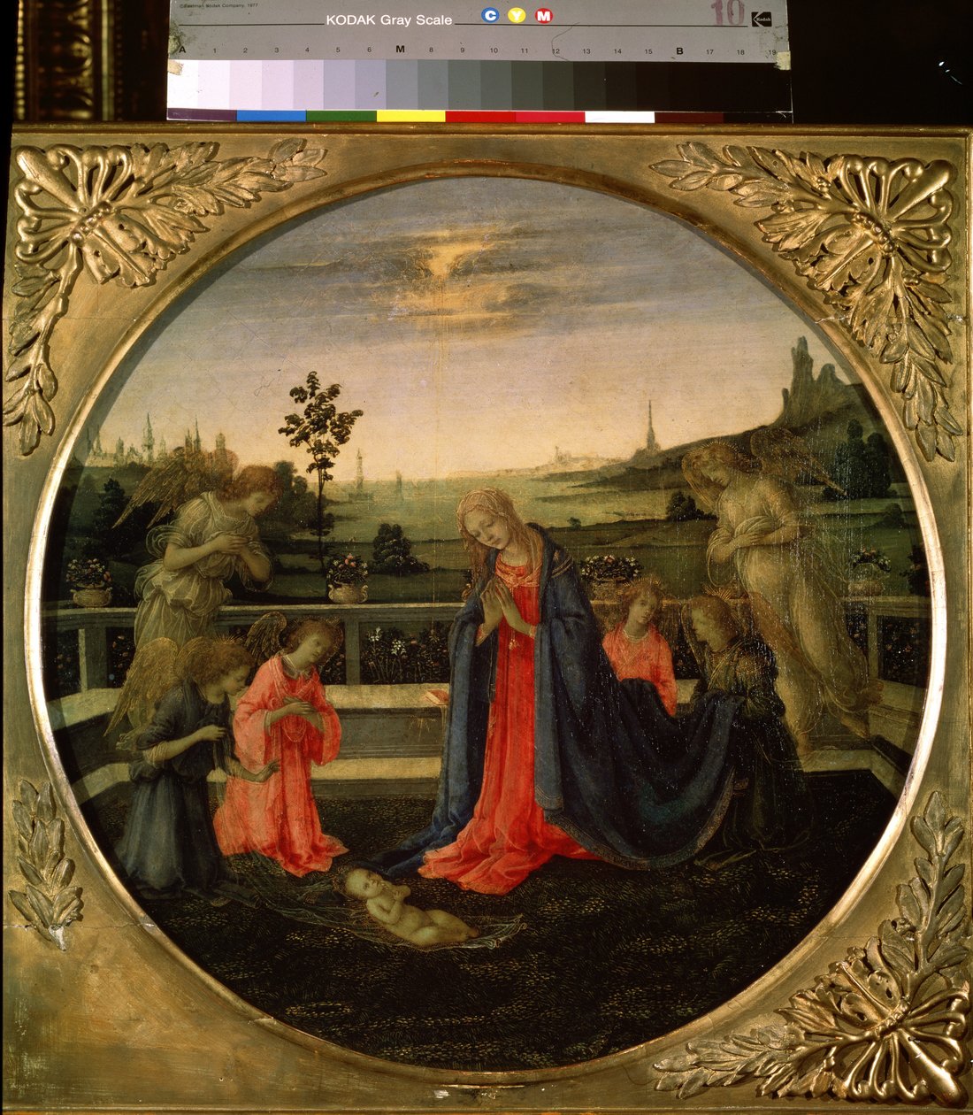 Klanění Ježíšku. Dítě Ježíše Krista uctívané Pannou Marií a anděly. Obraz Filippino Lippi (1457-1504), kolem 1480. Tempera na mědi. Florentské umění, období renesance. Muzeum Ermitáž, Saint Pet od Filippino Lippi