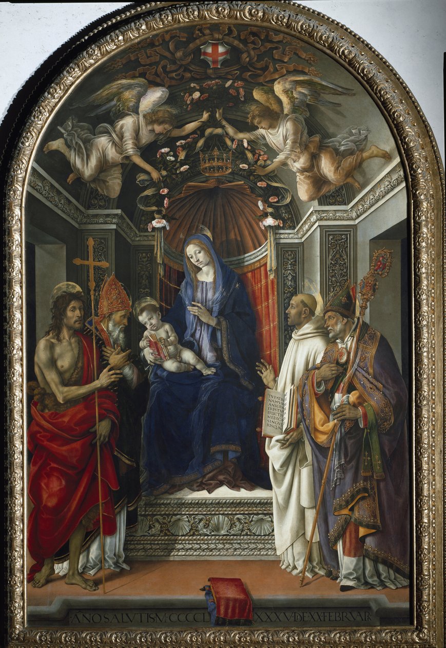 Madona s dítětem obklopená svatými Janem Křtitelem, Viktorem, Bernardem z Clairvaux a svatým Zenobiem (1485-1486, tempera na topolovém dřevě) od Filippino Lippi