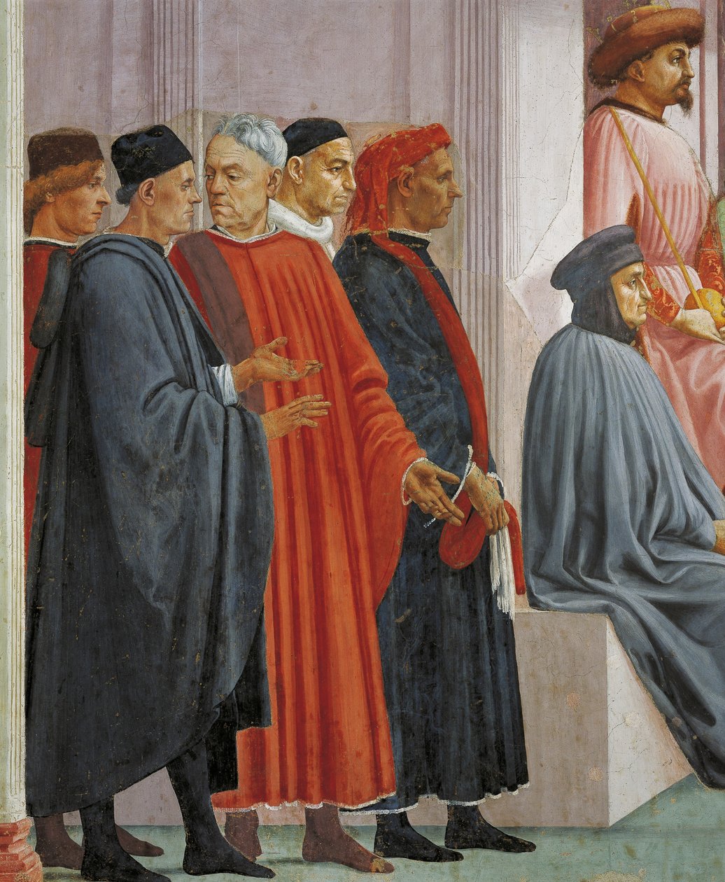 Muži ve středověkých šatech, detail ze Vzkříšení Theophilova syna, Tommaso Masaccio, freska od Filippino Lippi