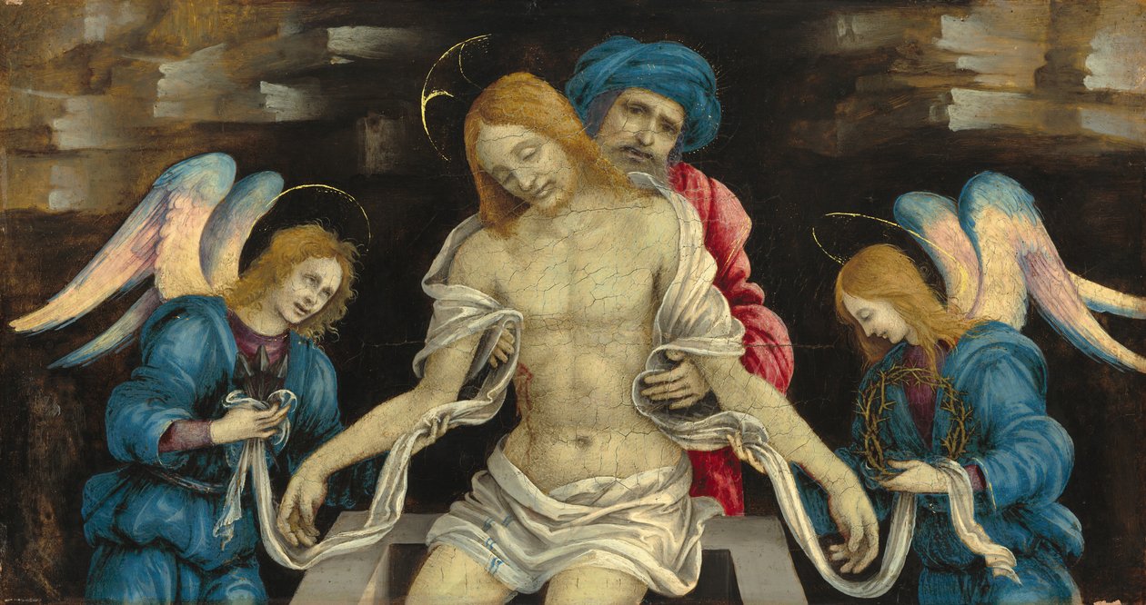 Pietà (Mrtvý Kristus oplakaný Nikodémem a dvěma anděly), c. 1500 (olej a případně tempera na panelu) od Filippino Lippi