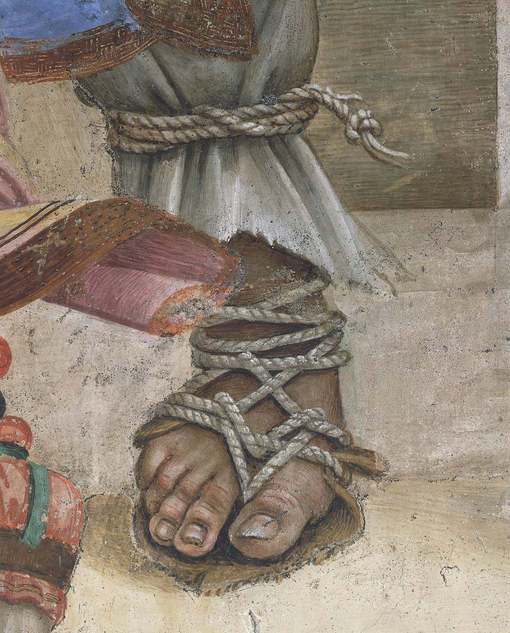 Saint John Evangelist Resuscitating Drusiana od Filippino Lippi, detail obuvi, freska od Filippino Lippi
