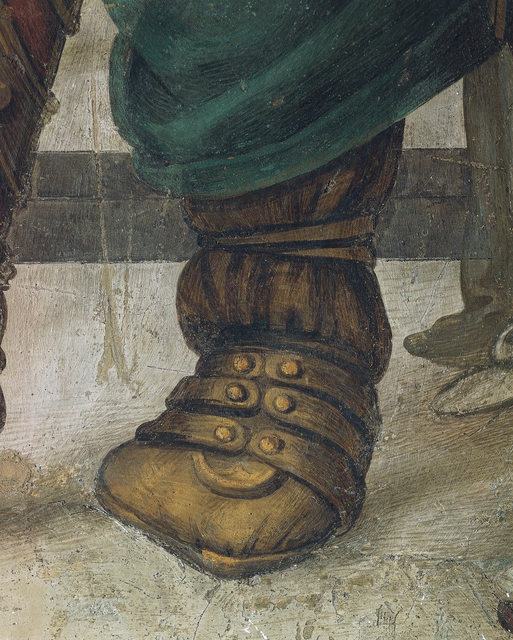 Saint Philip Driving Dragon z chrámu Hieropolis od Filippino Lippi, detail obuvi, freska od Filippino Lippi