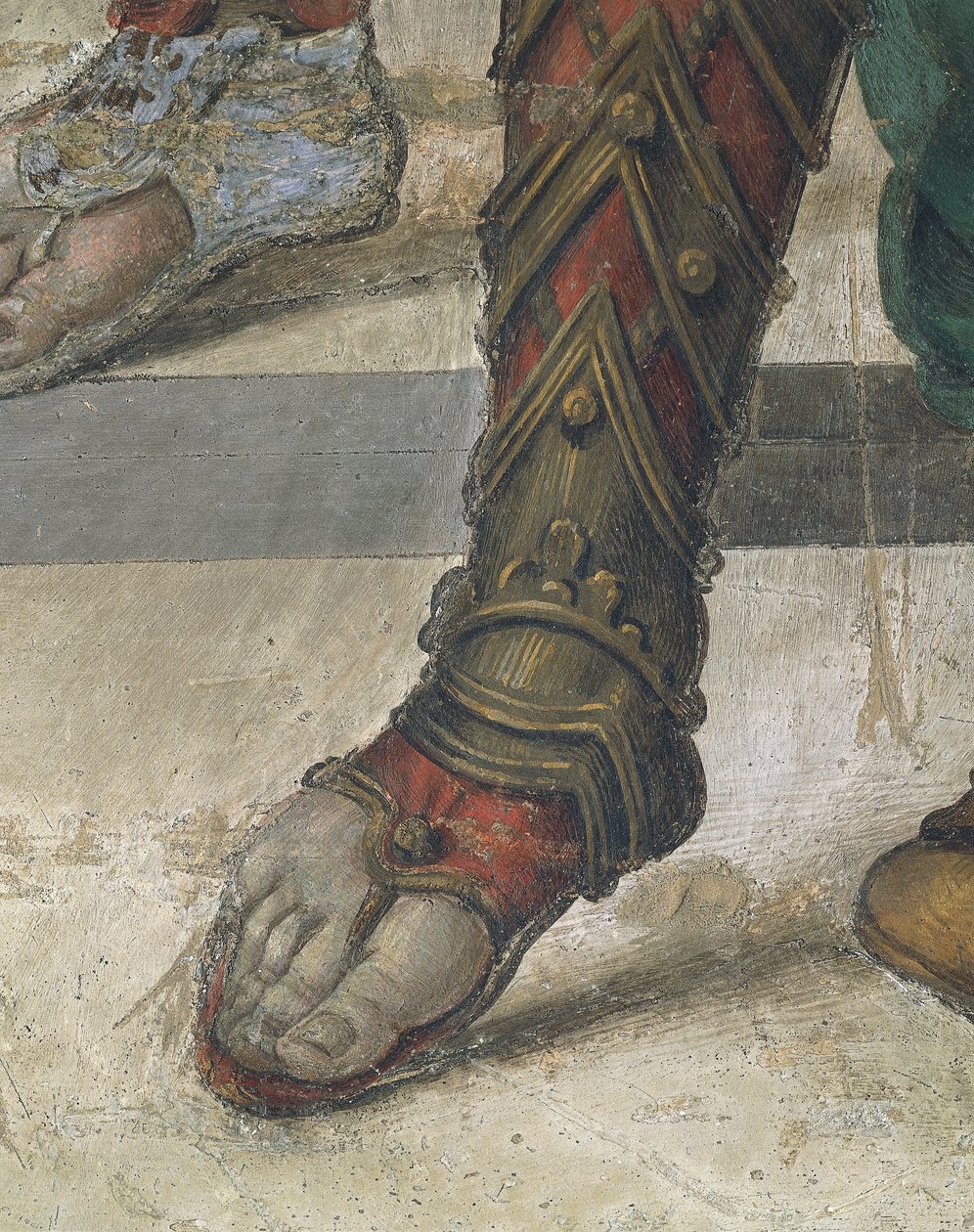 Saint Philip Driving Dragon z chrámu Hieropolis od Filippino Lippi, detail obuvi, freska od Filippino Lippi