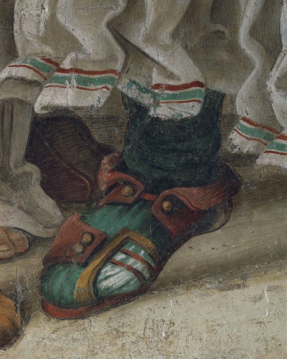 Saint Philip Driving Dragon z chrámu Hieropolis, detail obuvi, freska od Filippino Lippi
